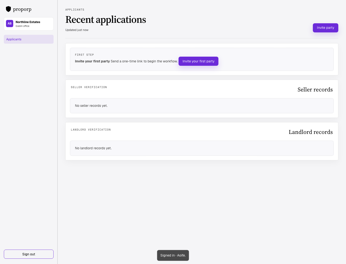 Agent dashboard showing recent applications