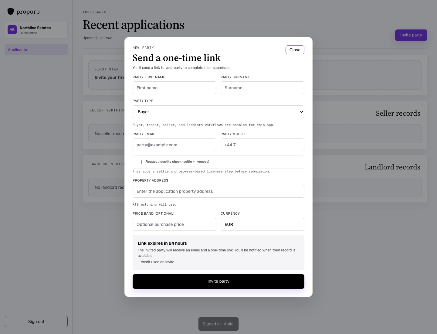 Invite flow for buyer, tenant, seller, and landlord