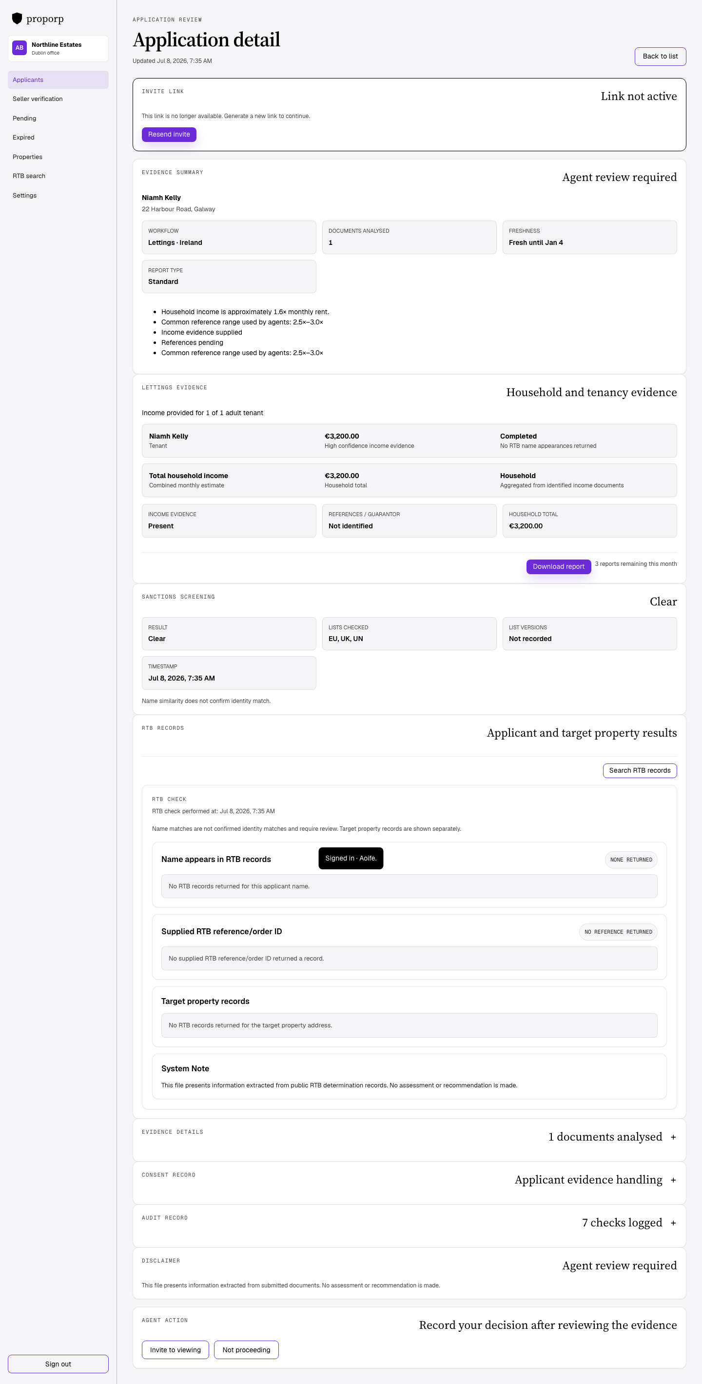 Agent report view showing evidence, sanctions, and audit