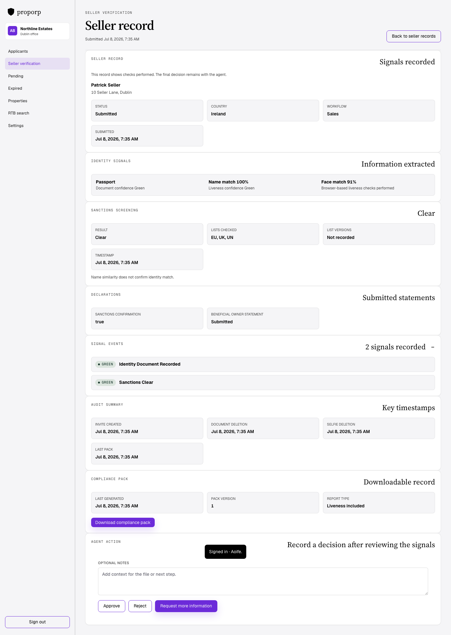 Seller verification record with identity and sanctions sections